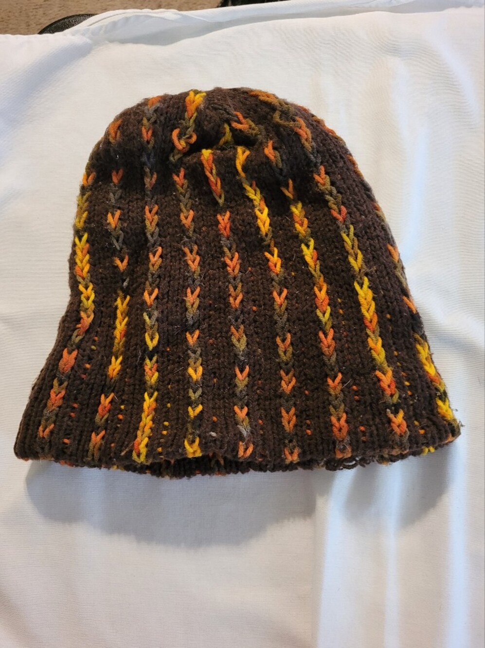Brown Knit Beanie with Orange & Yellow Stitch Accents